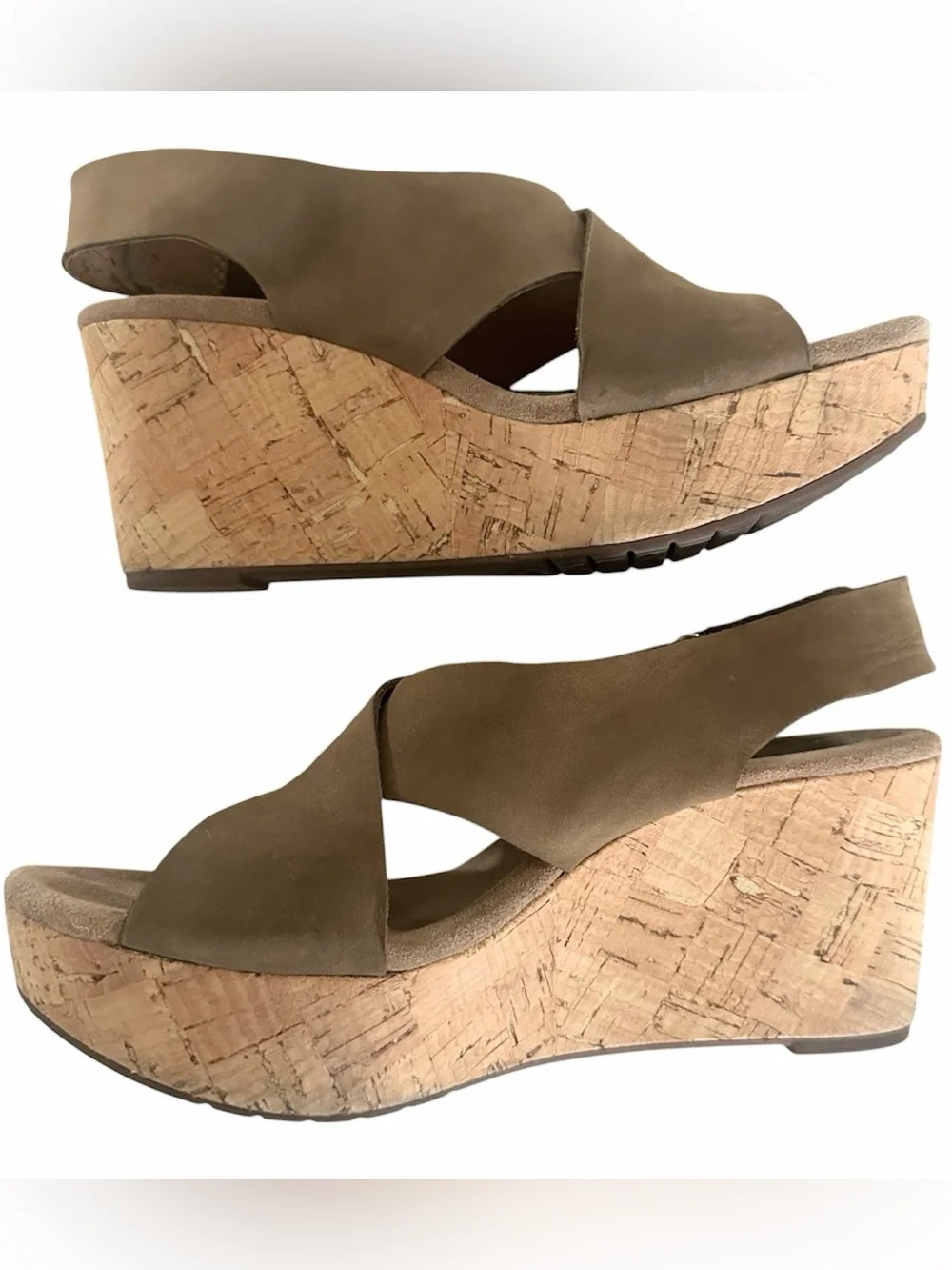 Clarks Artisan Caslynn Shae Cork Wedge Sandals Brown Tan Leather 3” Slingback 7M